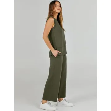 ANRABESS Women's 2 Piece Sets Summer Outfits Sleeveless Wide Leg Tracksuits Casual Sweat Sets Lounge Sweatsuits Army Green Large