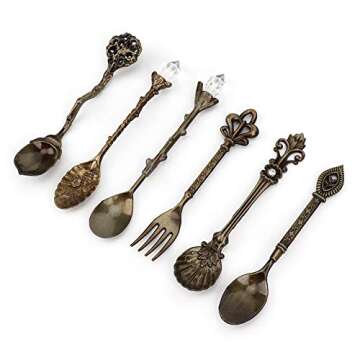 Fdit 6Pcs/Set Vintage Carved Coffee Spoon Teaspoon Retro Zinc Alloy Dessert Coffee Tableware Spoons Cutlery Kitchen(Green Bronze)