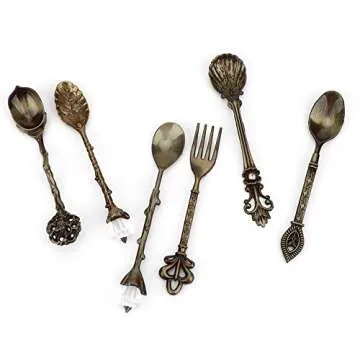 Fdit 6Pcs/Set Vintage Carved Coffee Spoon Teaspoon Retro Zinc Alloy Dessert Coffee Tableware Spoons Cutlery Kitchen(Green Bronze)
