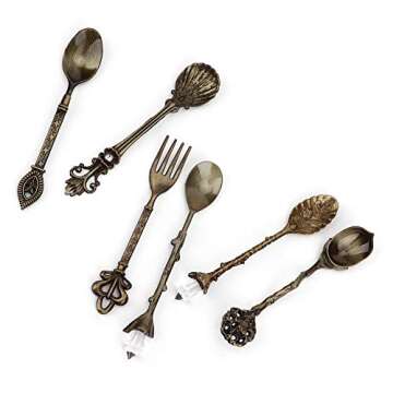 Fdit 6Pcs/Set Vintage Carved Coffee Spoon Teaspoon Retro Zinc Alloy Dessert Coffee Tableware Spoons Cutlery Kitchen(Green Bronze)
