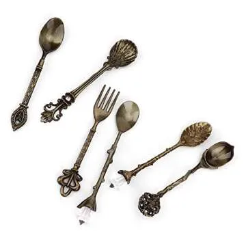 Fdit 6Pcs/Set Vintage Carved Coffee Spoon Teaspoon Retro Zinc Alloy Dessert Coffee Tableware Spoons Cutlery Kitchen(Green Bronze)