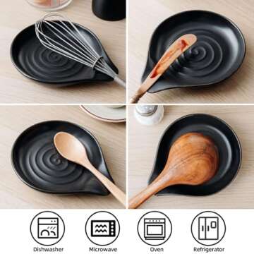 Spoon Rest for Stove Top Cooking Spoon Holder for Kitchen Countertop Large Holder for Spatula, Spoons or Tongs, Framhouse Decor, Housewarming Gifts 1pc (Black)