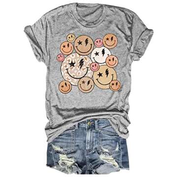 Beopjesk Women's Keep Smile T-Shirt Casual Short Sleeve Round Neck Vintage Smile Face Retro Graphic Tees Tops(37-Grey,L)