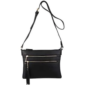 B BRENTANO Vegan Multi-Zipper Crossbody Handbag Purse with Tassel Accents (Black 1)