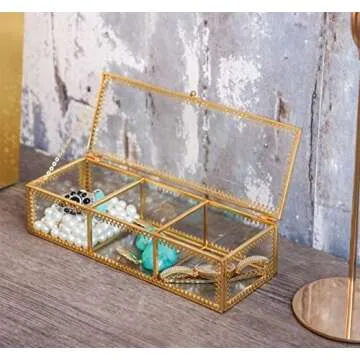 3 Compartment Vintage Golden Glass Jewelry Box with Brass Organizer