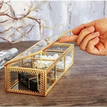 Elegant Golden Vintage Glass Jewelry Box for Storage