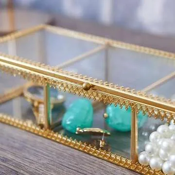 Elegant Golden Vintage Glass Jewelry Box for Storage