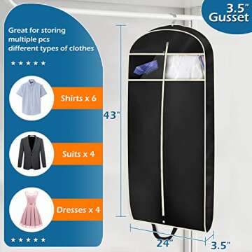 MISSLO 43" Gusseted Travel Garment Bag with Accessories Zipper Pocket Breathable Suit Garment Cover for Shirts Dresses Coats, Black