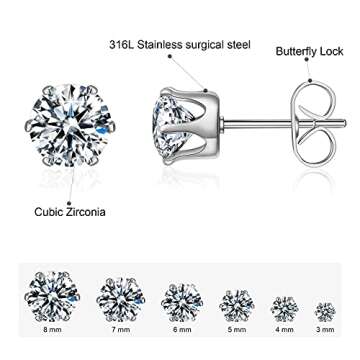 Stud Earrings Set,Clear Cubic Zirconia 316L Stainless Steel Earrings for Women for Men
