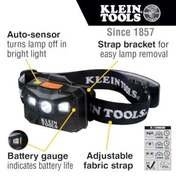 Klein Tools 56048 Rechargeable Auto-Off LED Headlamp, Adjustable Fabric Strap, 400 lms, All-Day Runt...