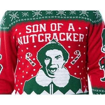 Bioworld ELF Movie Men's Son of a Nutcracker Ugly Christmas Sweater Holiday Knit Pullover (Large) Red