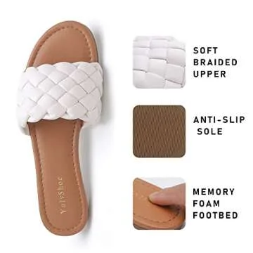 YULVSHOE Women's Braided Flat Sandals Fashion Woven Open Toe Slip On Slides Strappy Beach Sandals Slippers For Summer White Slides Size 6