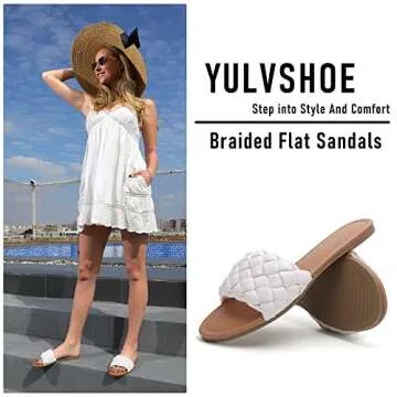 YULVSHOE Women's Braided Flat Sandals Fashion Woven Open Toe Slip On Slides Strappy Beach Sandals Slippers For Summer White Slides Size 6