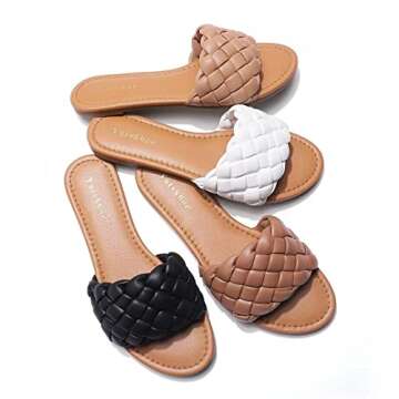 YULVSHOE Women's Braided Flat Sandals Fashion Woven Open Toe Slip On Slides Strappy Beach Sandals Slippers For Summer White Slides Size 6