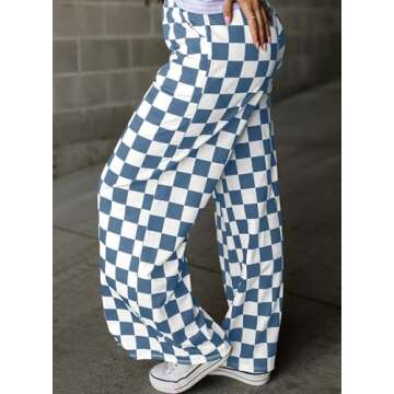 Acelitt Women's Casual Checkered Pants 2025 Spring Summer Lightweight Elastic Waist Comfy Loose Wide Leg Plaid Beach Pants Trousers Vacation Outfits Blue Small