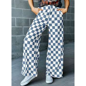 Acelitt Women's Casual Checkered Pants 2025 Spring Summer Lightweight Elastic Waist Comfy Loose Wide Leg Plaid Beach Pants Trousers Vacation Outfits Blue Small