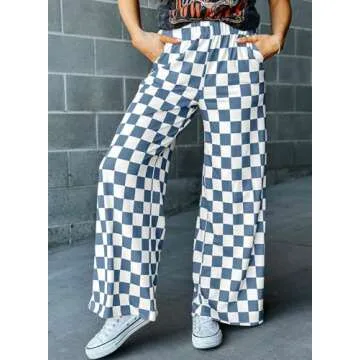 Acelitt Women's Casual Checkered Pants 2025 Spring Summer Lightweight Elastic Waist Comfy Loose Wide Leg Plaid Beach Pants Trousers Vacation Outfits Blue Small