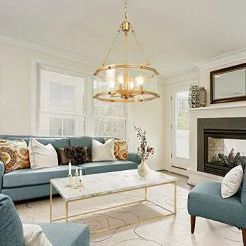 Gold Chandelier, 4-Light Drum Chandelier Lighting, Dining Room Lighting Fixtures Hanging with Seeded Glass Shade, Chandeliers for Dining Rooms, Living Room, Entryway, Foyer, 16.5" D x 22" H