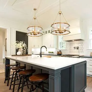 Gold Chandelier, 4-Light Drum Chandelier Lighting, Dining Room Lighting Fixtures Hanging with Seeded Glass Shade, Chandeliers for Dining Rooms, Living Room, Entryway, Foyer, 16.5" D x 22" H