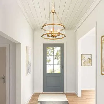 Gold Chandelier, 4-Light Drum Chandelier Lighting, Dining Room Lighting Fixtures Hanging with Seeded Glass Shade, Chandeliers for Dining Rooms, Living Room, Entryway, Foyer, 16.5" D x 22" H