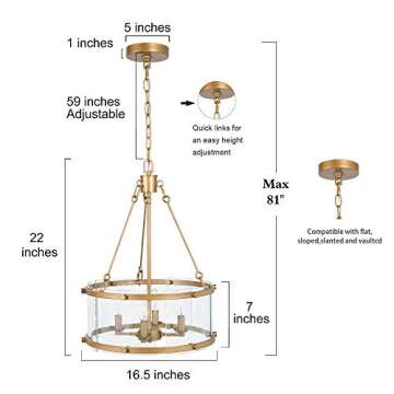 Gold Chandelier, 4-Light Drum Chandelier Lighting, Dining Room Lighting Fixtures Hanging with Seeded Glass Shade, Chandeliers for Dining Rooms, Living Room, Entryway, Foyer, 16.5" D x 22" H