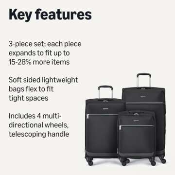 Amazon Basics 3-Piece Softside Suitcase Set - Expandable and Lightweight Black Luggage