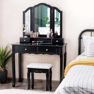 Giantex Vanity Set with Tri-Folding Mirror and 4 Drawers, Makeup Dressing Table with Cushioned Stool...