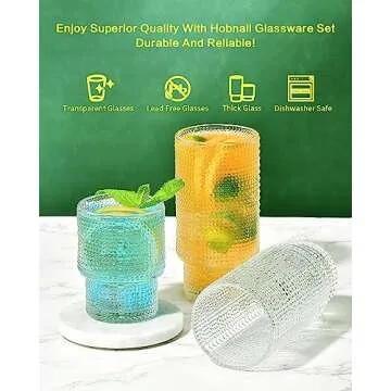 ISMASOAN Hobnail Drinking Glasses Set of 12,Stackable Glasses 12 oz and 7 oz,Bubble Glasses Drinking,Vintage Glassware,Beaded Glassware,Highball Glasses,Gift Box Set
