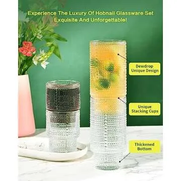 ISMASOAN Hobnail Drinking Glasses Set of 12,Stackable Glasses 12 oz and 7 oz,Bubble Glasses Drinking,Vintage Glassware,Beaded Glassware,Highball Glasses,Gift Box Set