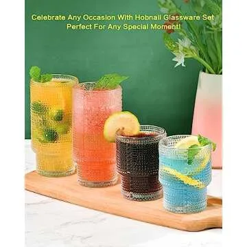ISMASOAN Hobnail Drinking Glasses Set of 12,Stackable Glasses 12 oz and 7 oz,Bubble Glasses Drinking,Vintage Glassware,Beaded Glassware,Highball Glasses,Gift Box Set