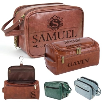 Oqeiplx Personalized Leather Toiletry Bag for Men,Custom Engraved Travel Shaving Dopp Kit Bag,Custom...
