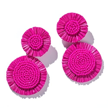 Stylish Handmade Boho Raffia Earrings - Vibrant Hot Pink, Perfect for Summer!