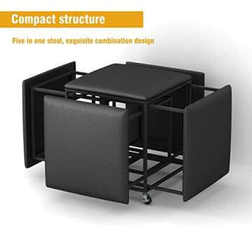 YHGY, Leather Square Ottoman Bench, 5 in 1 Stool, Stackable Bar Stool, Foot Stool with Wheels for Living Room, Dining, 18.9x18.9x19.4 In, Black