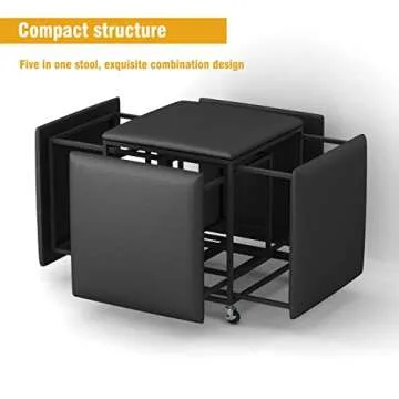 YHGY, Leather Square Ottoman Bench, 5 in 1 Stool, Stackable Bar Stool, Foot Stool with Wheels for Living Room, Dining, 18.9x18.9x19.4 In, Black