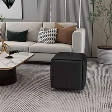 YHGY, Leather Square Ottoman Bench, 5 in 1 Stool, Stackable Bar Stool, Foot Stool with Wheels for Living Room, Dining, 18.9x18.9x19.4 In, Black