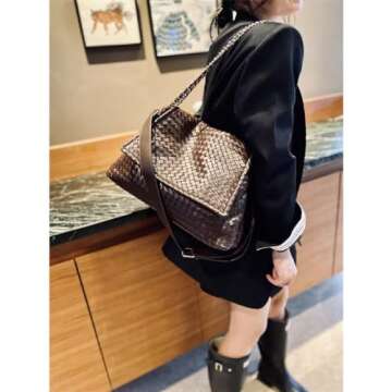 Woven Bag for Women, Vegan Leather Tote Bag Summer Beach Handbag Purse Retro Handmade Travel Shoulde...