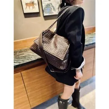 Woven Bag for Women, Vegan Leather Tote Bag Summer Beach Handbag Purse Retro Handmade Travel Shoulde...