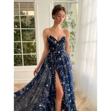 UZN Navy Blue Sparkle Starry Tulle Prom Dress
