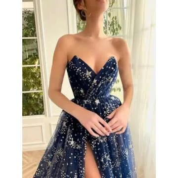 UZN Navy Blue Sparkle Starry Tulle Prom Dress