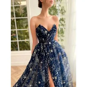 UZN Navy Blue Sparkle Starry Tulle Prom Dress