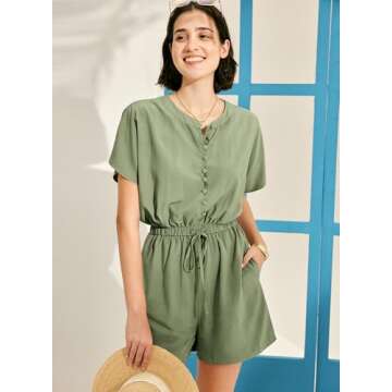 MIHOLL Womens 2024 Cute Short Sleeve Romper Fashion Casual Shorts Jumpsuit Flowy Summer Beach Playsuit(Gray Green,X-Large)