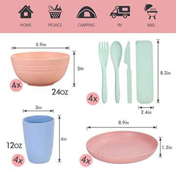 Wheat Straw Dinnerware Sets for 4, Wheat Straw Plates and Bowls Sets Kitchen Dishes 28pcs College Do...