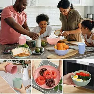 Wheat Straw Dinnerware Sets for 4, Wheat Straw Plates and Bowls Sets Kitchen Dishes 28pcs College Dorm Room Essentials Cutlery Set Microwave Safe (Colorful)