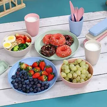 Wheat Straw Dinnerware Sets for 4, Wheat Straw Plates and Bowls Sets Kitchen Dishes 28pcs College Dorm Room Essentials Cutlery Set Microwave Safe (Colorful)