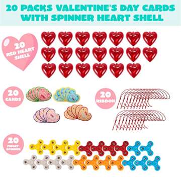 JOYIN 20 Pack Valentines Cards with Fidget Spinner and Red Prefilled Hearts, Stress Relief Hand Finger Spinner Fidget Toys for Boys Kids Valentine’s Day Party Favor, School Classroom Exchange Prizes