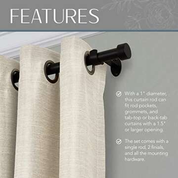 Elrene Home Fashions Serena Single Curtain Rod for Curtains and Drapery with Contemporary Cap Finials, 1-Inch Diameter, 28" - 48" Adjustable Rod, Antique Black