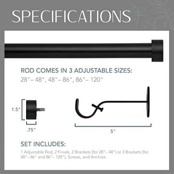 Elrene Home Fashions Serena Single Curtain Rod for Curtains and Drapery with Contemporary Cap Finials, 1-Inch Diameter, 28" - 48" Adjustable Rod, Antique Black