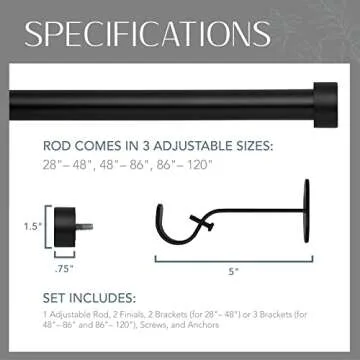 Elrene Home Fashions Serena Single Curtain Rod for Curtains and Drapery with Contemporary Cap Finials, 1-Inch Diameter, 28" - 48" Adjustable Rod, Antique Black