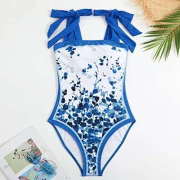 Women's Floral Bathing Suit with Floral Sarong Skirt Sleeveless Floral Print Swimear Tummy Control Swimsuit with Cover Up Wrap Skirt Bathing Suits Summer Cover Up Vacation Outfit Royal Blue Medium