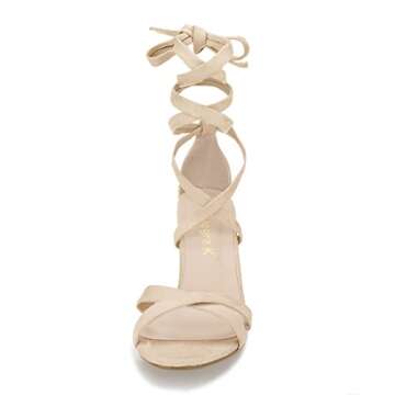 Allegra K Women's Open Toe Lace Up High Block Beige Heeled Sandals - 4.5 M US